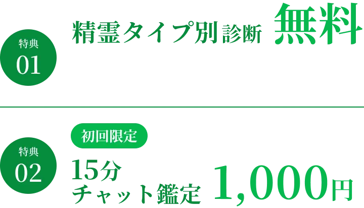 特典01精霊タイプ別診断無料 特典02初回限定15分チャット鑑定1000円